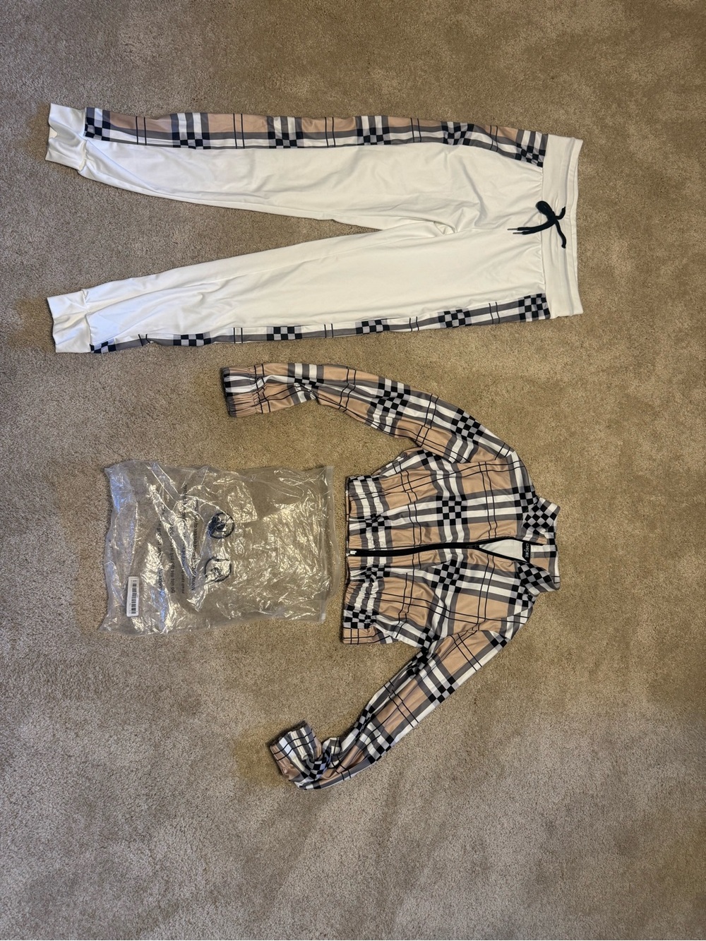 White Jogger Pants with Beige Plaid Side Panels